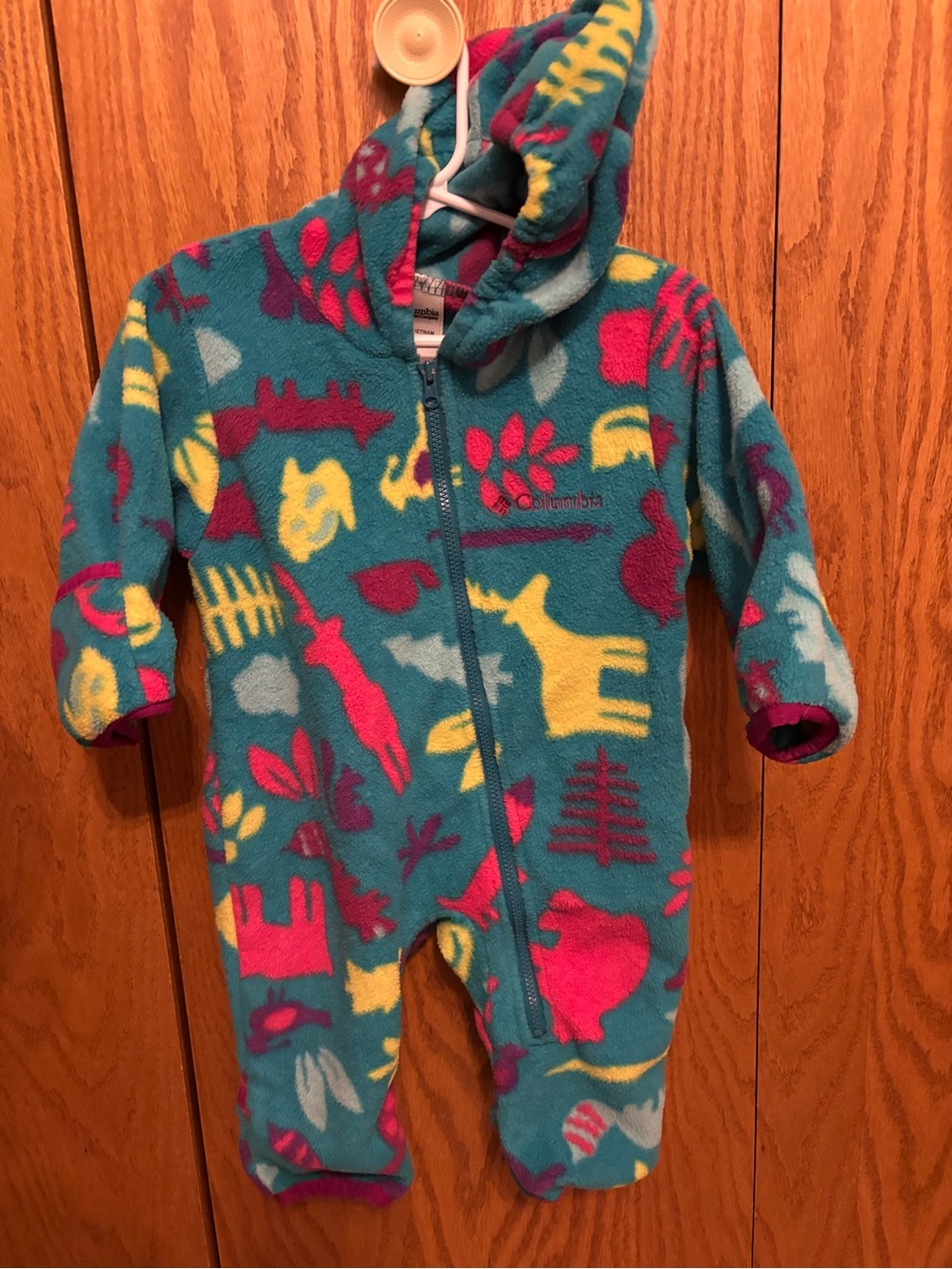 Columbia Teal Hooded Fleece One-Piece with Multicolor Animal Print
